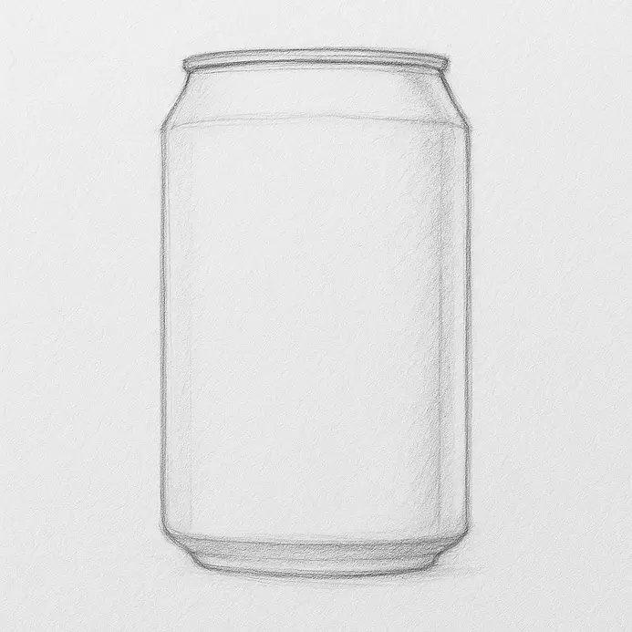 A detailed pencil drawing of a soda can with a vertical seam line and a curved base edge added.