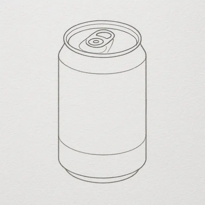A clean ink drawing of a soda can on white paper after all pencil construction lines have been erased.