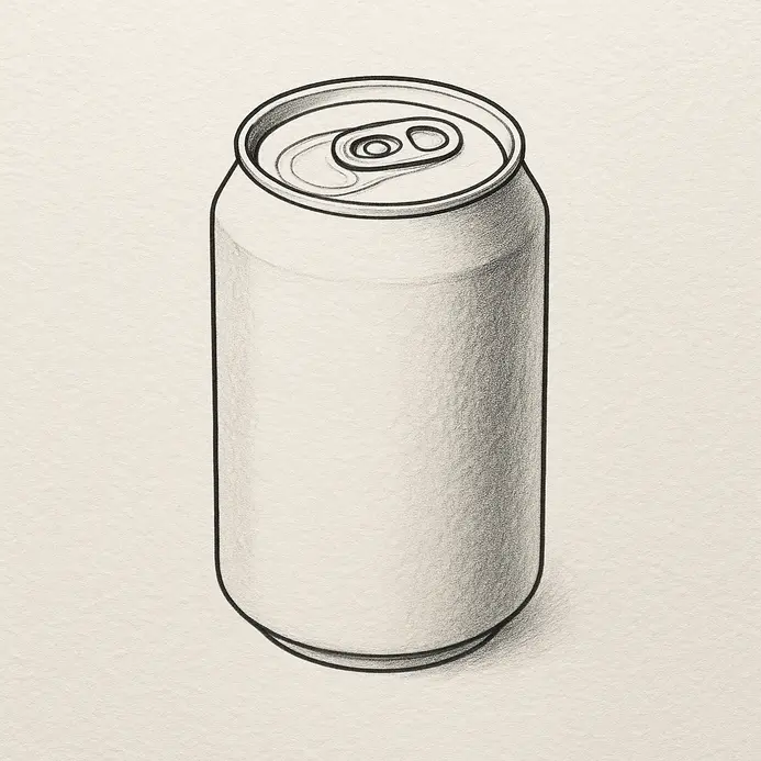 An inked soda can drawing with soft pencil shading along one curved side to show dimension.