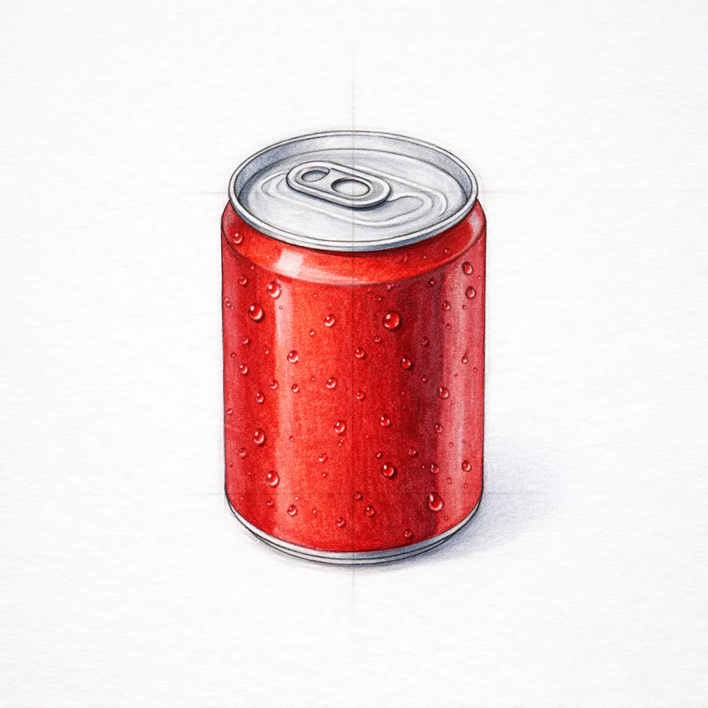 A finished, colored drawing of a soda can with brand colors, reflective highlights, and small water droplets.