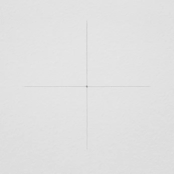 A faint pencil cross forming four equal quadrants intersecting precisely over the center dot on white sketching paper.