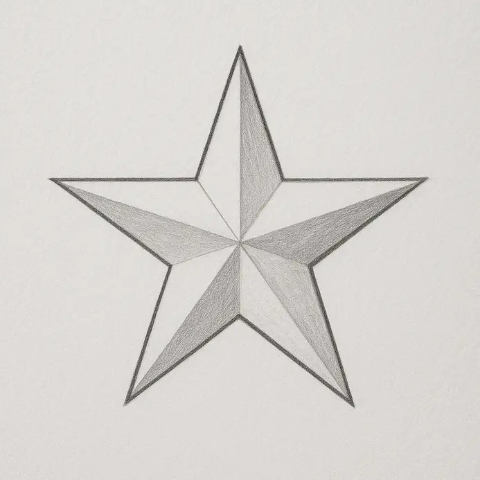 Crisp black ink outline of a five pointed shape featuring soft graphite hatching applied down the right facing sides.