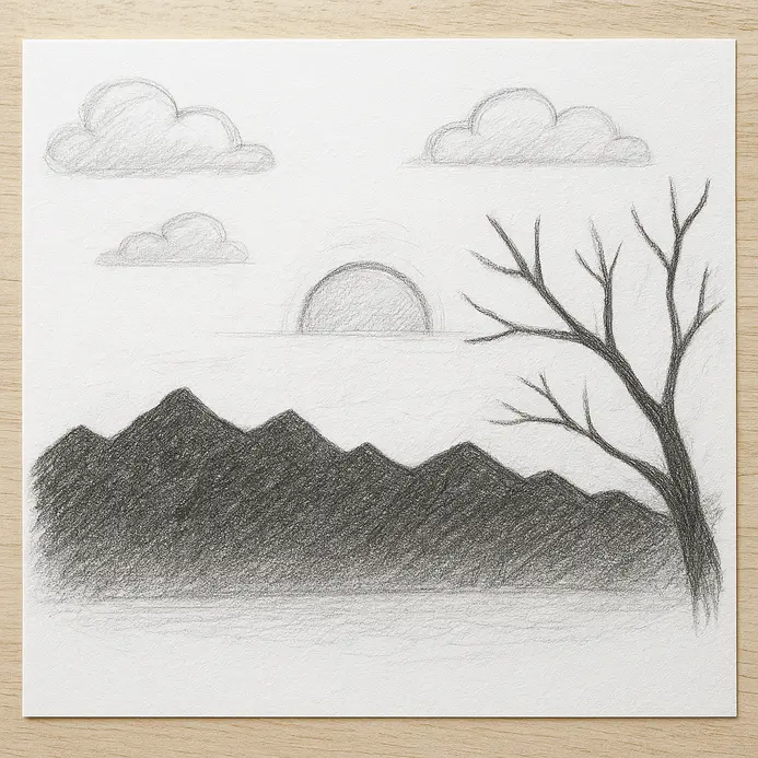 An illustration where the distant mountains and foreground tree branches are completely filled with solid shading.
