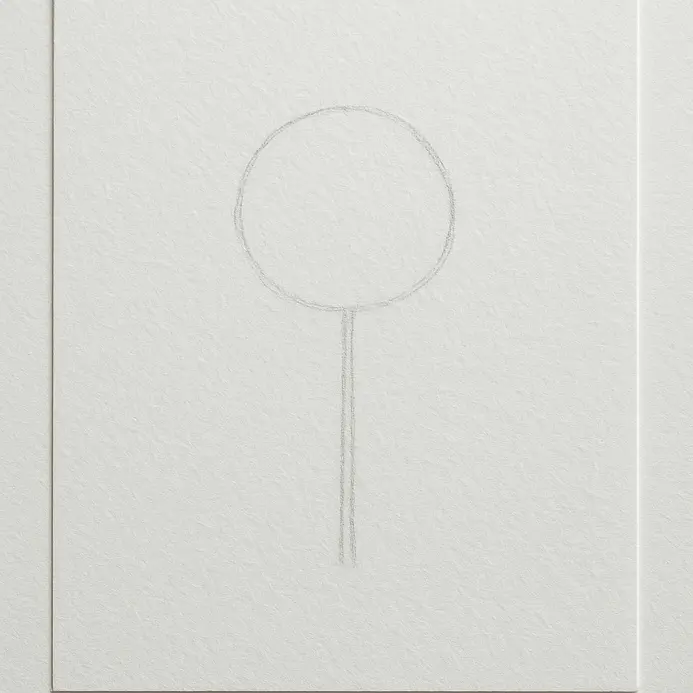 A light pencil sketch showing a vertical line for the tree trunk and a rough oval shape for the canopy on white paper.