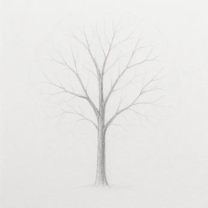 Pencil drawing with the trunk and main branches extending outwards, creating a skeletal framework for the tree.
