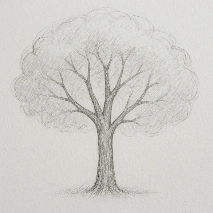 Drawing showing vertical lines added to the trunk to simulate the texture of tree bark.