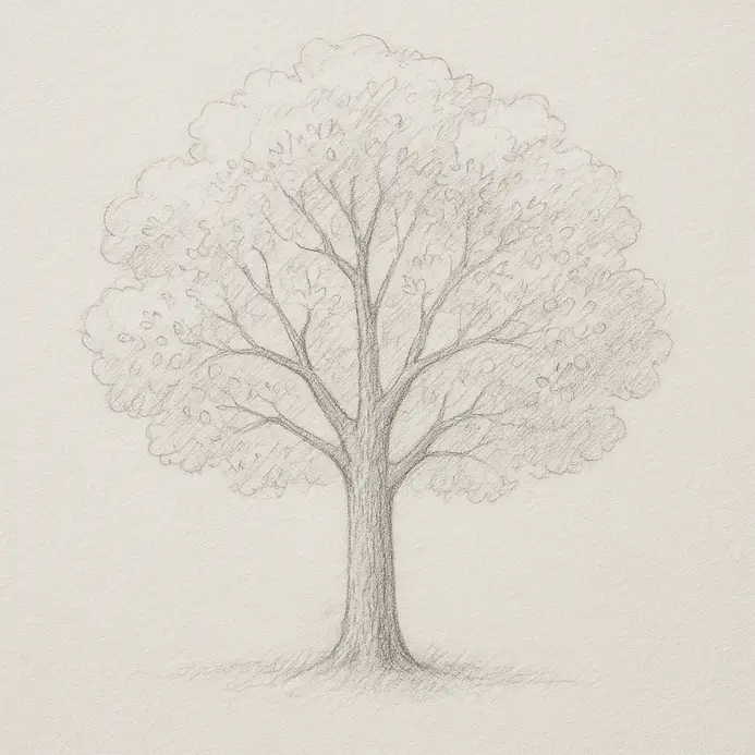 Artwork with clusters of leaves drawn within the established canopy forms, filling out the tree.