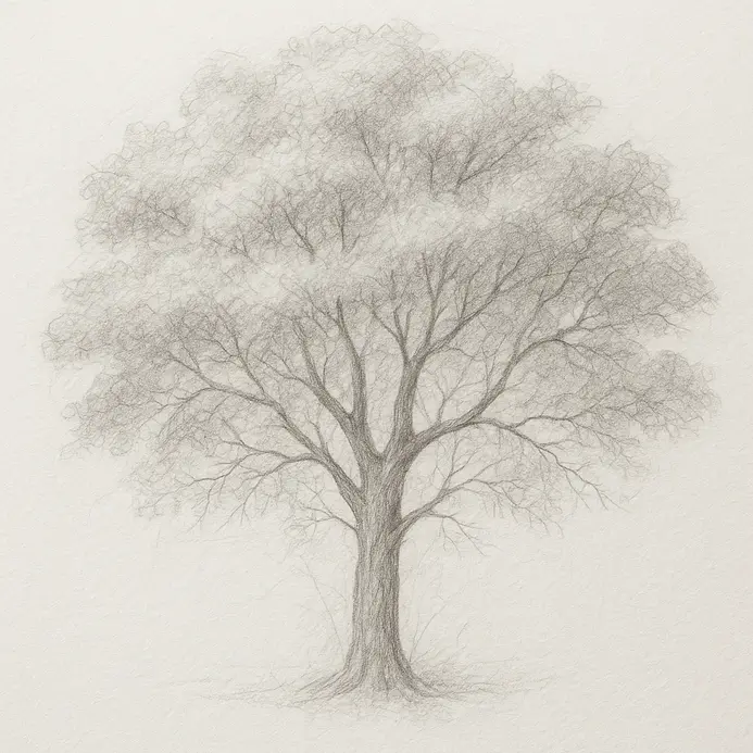 Detailed sketch with smaller twigs and secondary branches added to the main branches for realism.
