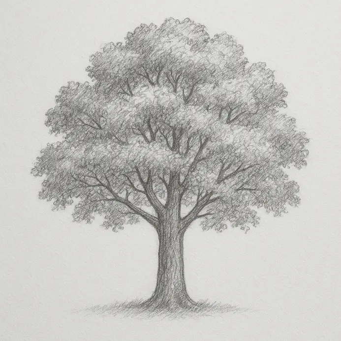 Refined pencil drawing with a clean silhouette and construction lines erased, leaving only the final tree outline.