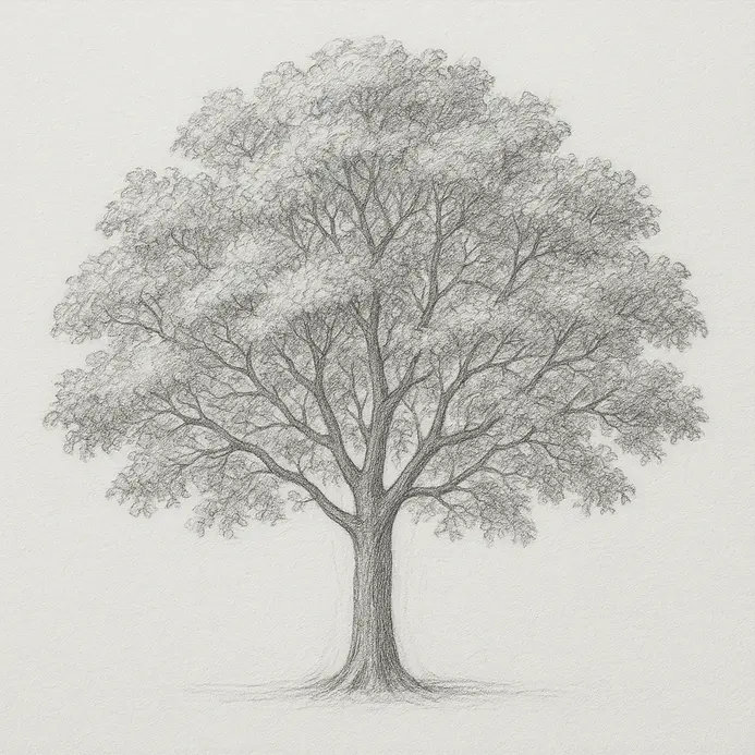Inked version of the tree drawing with fine liner pen over the pencil lines, making them bold and permanent.