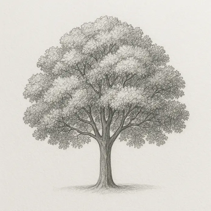 Shaded drawing with basic pencil shading applied to one side of the trunk and underside of the canopy to show depth.