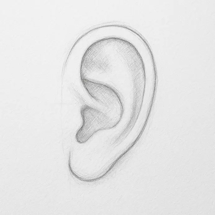 A developing ear sketch showing the outer rim, attached lobe, and a slanted Y-shaped inner antihelix on white paper.