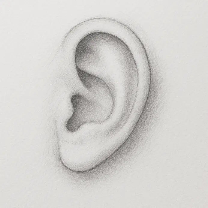 An ear drawing gains its finished look when the final lines and shadows work together. This is where the clean pencil structure becomes a polished piece with real depth. You will define the forms with confident ink lines, then add shadows that make the ear feel three-dimensional.