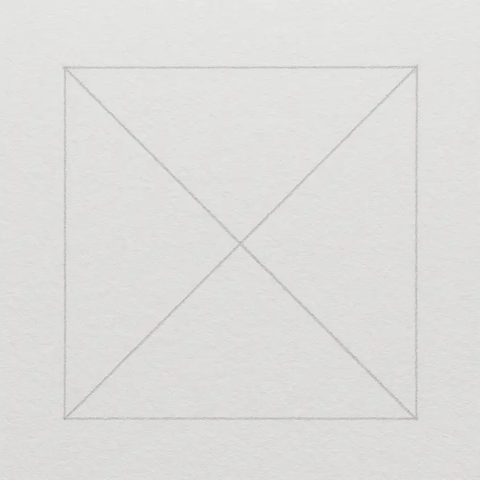 Diagonal pencil lines crossing the interior of the square, identifying the central point for accurate measurements.