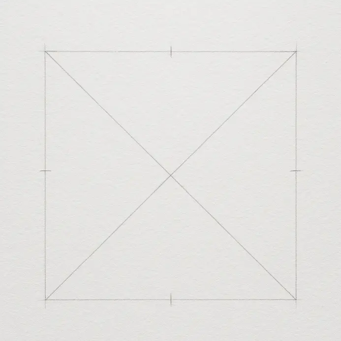 Small pencil tick marks placed exactly halfway along all four straight edges of the external square guide.