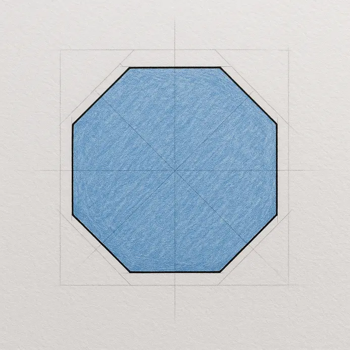 Smooth blue colored pencil fills the measured shape, cleanly staying inside the sharp angled boundary ink lines.