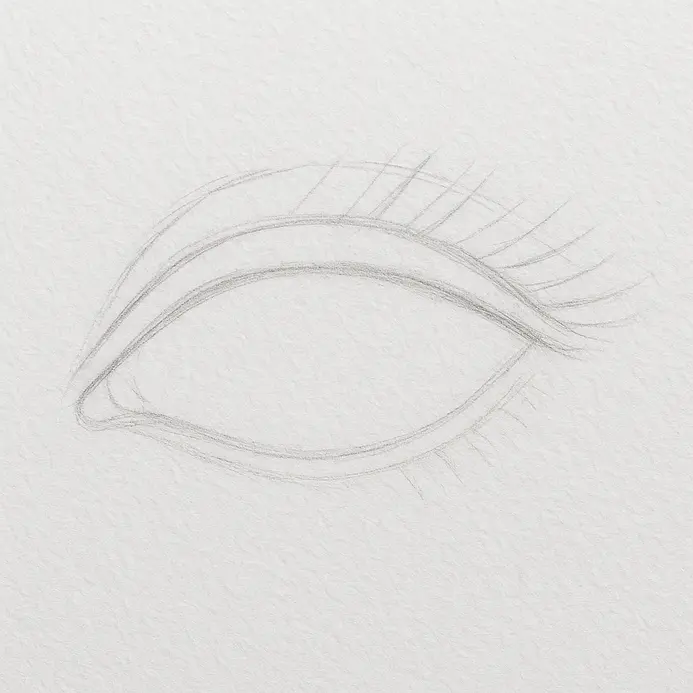 Faint pencil guidelines spreading rapidly from the upper eyelid curve indicating natural outward and upward individual lash direction.
