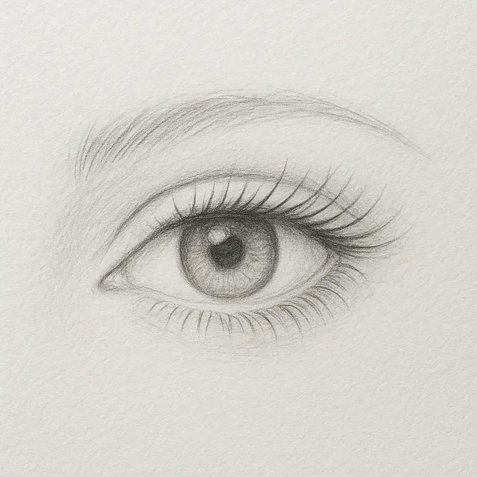 Curved pencil lines drawn outward from the upper lid featuring thicker roots and tapered thinner tips on white drawing paper.