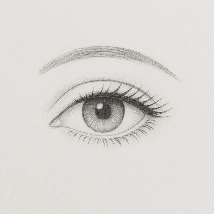 Clear crisp pencil lines remaining forming delicate upper and lower lashes with faint structural lines completely removed with an eraser.