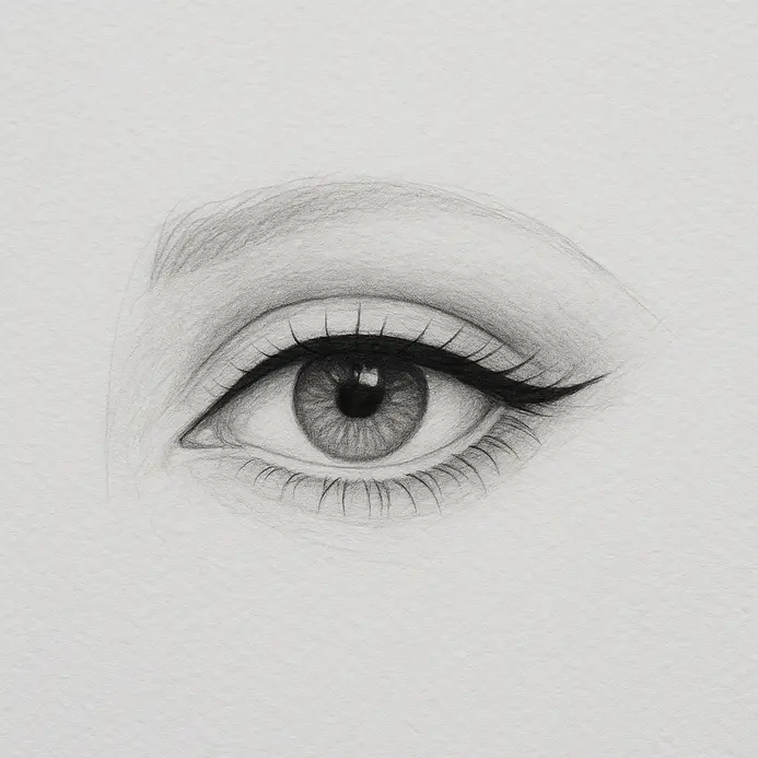 Soft graphite shading layered deeply into the upper lid bed to simulate natural shadows behind the delicately drawn dark hairs.