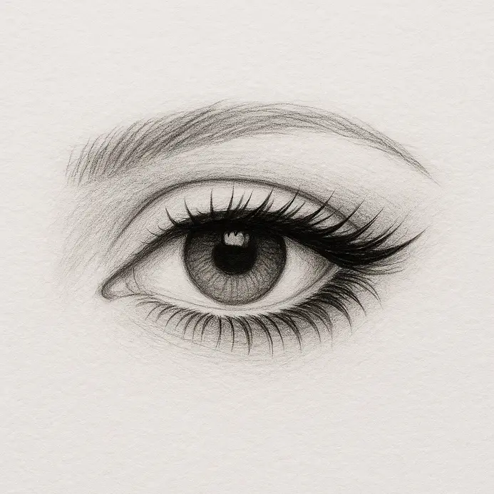 Finished artwork displaying deep black and dark brown colored layering over the lashes to increase total depth and drawing realism.