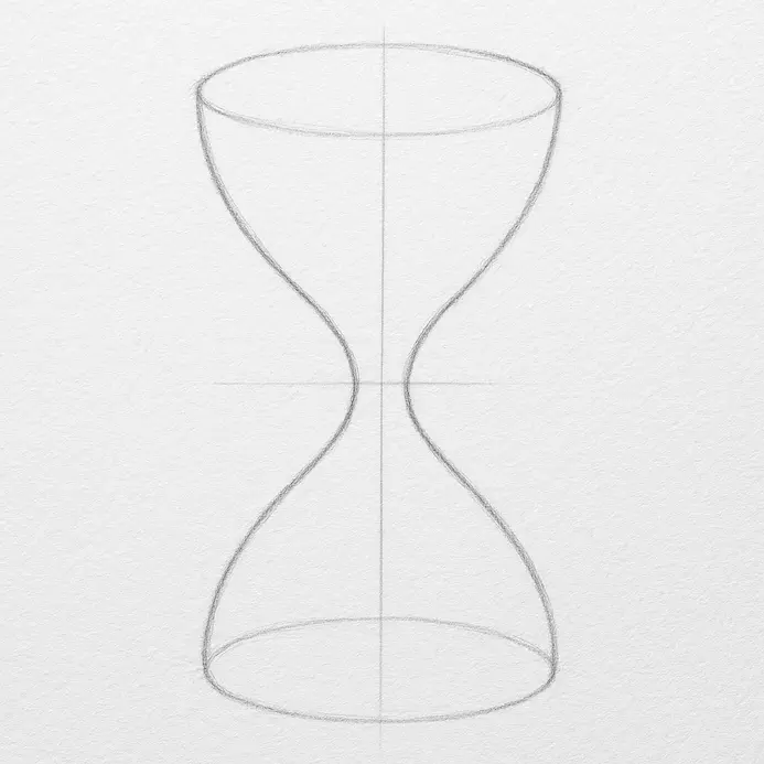 Smoothly curved pencil lines connecting the top oval down to a narrow focal point before flaring back outward.