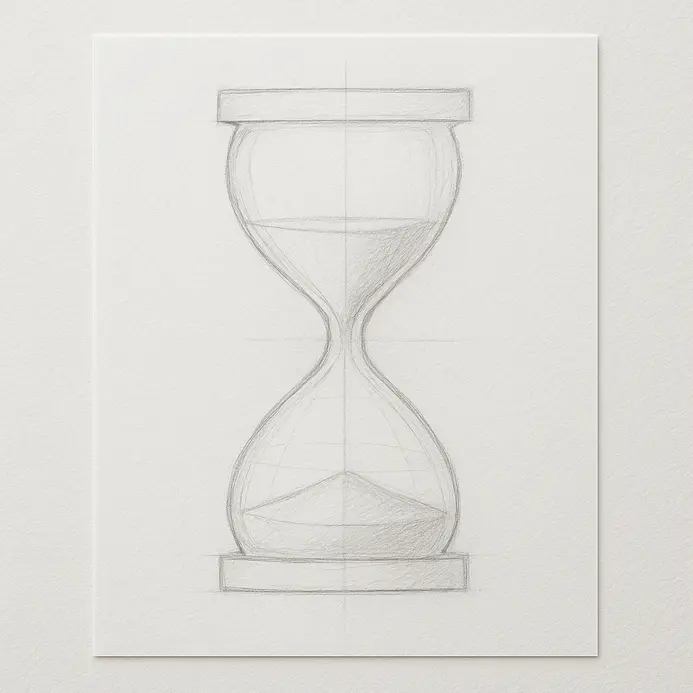 Additional soft pencil lines sketched inside the upper and lower bulbs to form small mounds of falling sand.