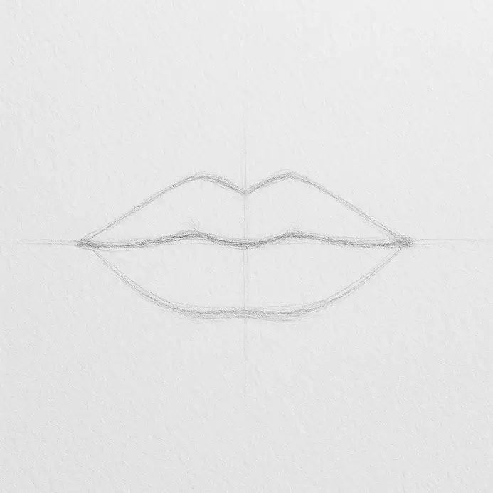 A pencil sketch with a shallow M-shaped Cupid’s bow added above the guide line.