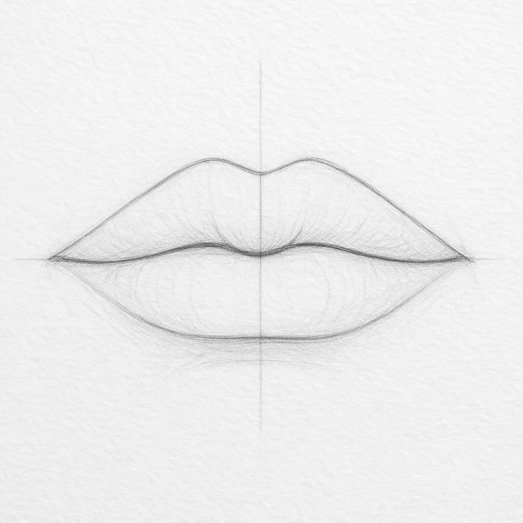 A lip sketch with a faint vertical center axis added through the middle of the mouth.
