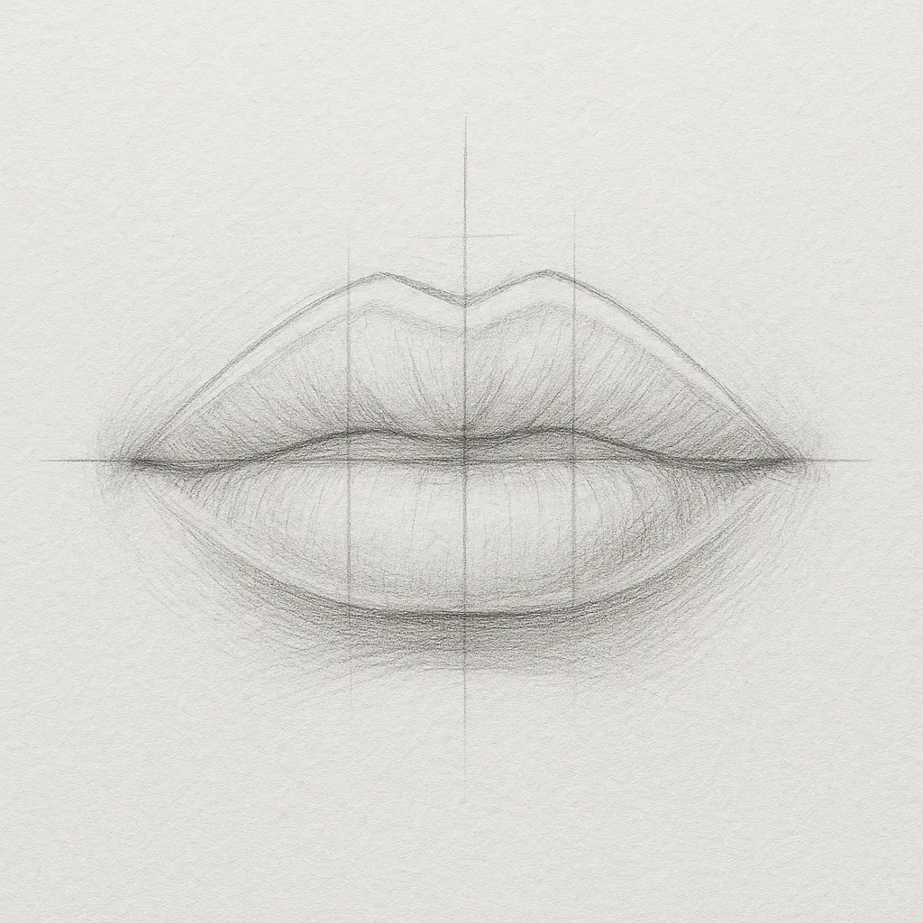 A pencil drawing of lips with soft shading under the upper lip and along the lower lip underside.
