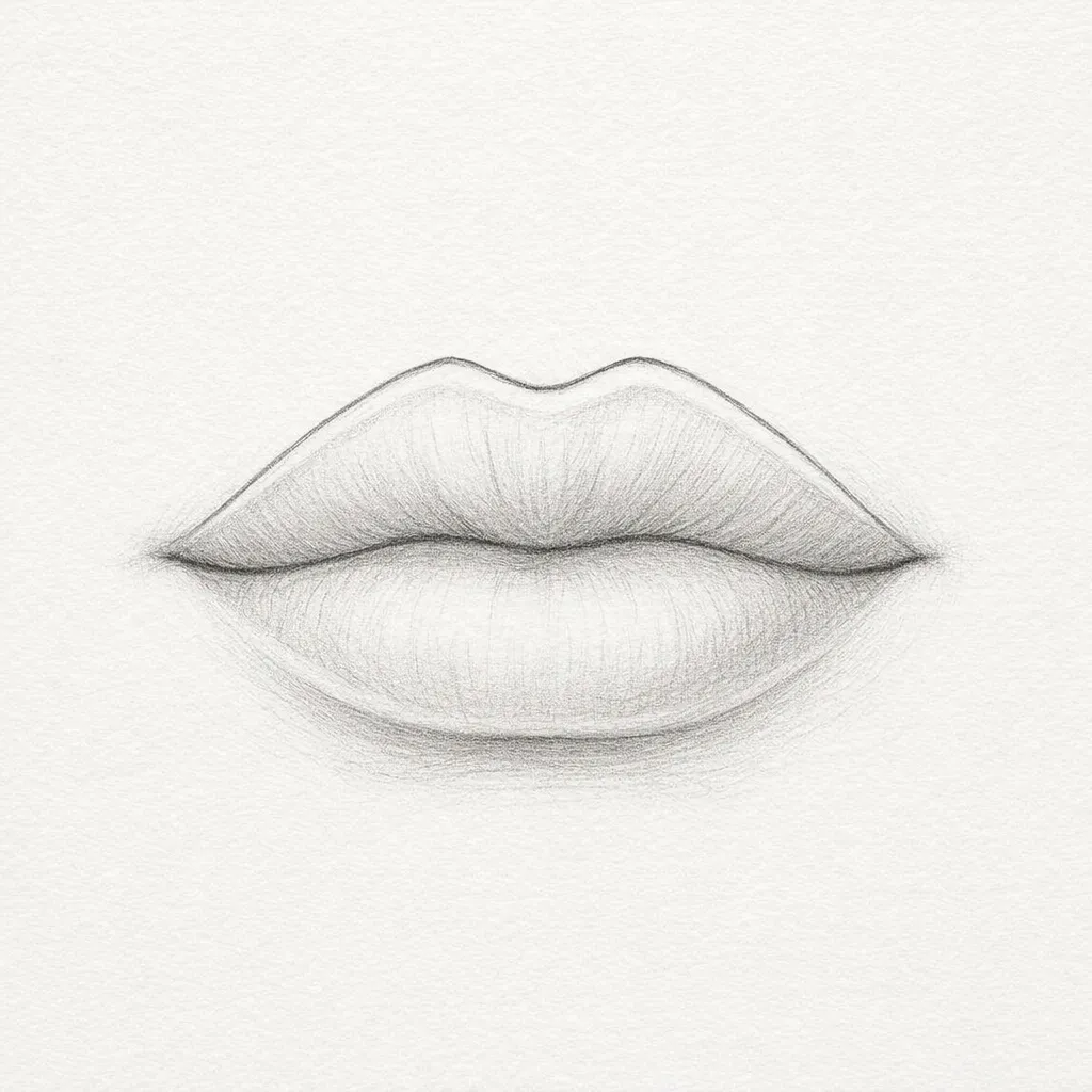 A finished pencil-and-ink lip drawing with clean outlines and the construction guides erased.