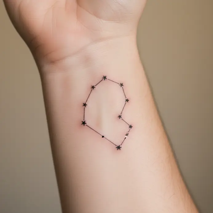 A pencil sketch of a fine-line Aries constellation with small star dots and light connector lines on white paper.