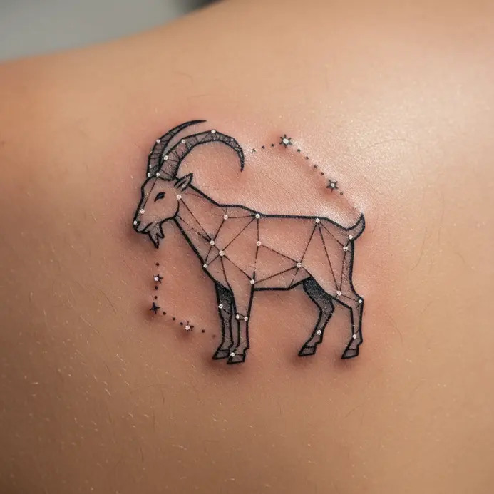 A sketch of a capricorn mountain goat constellation with sharp horn curves and minimalist star tracking.