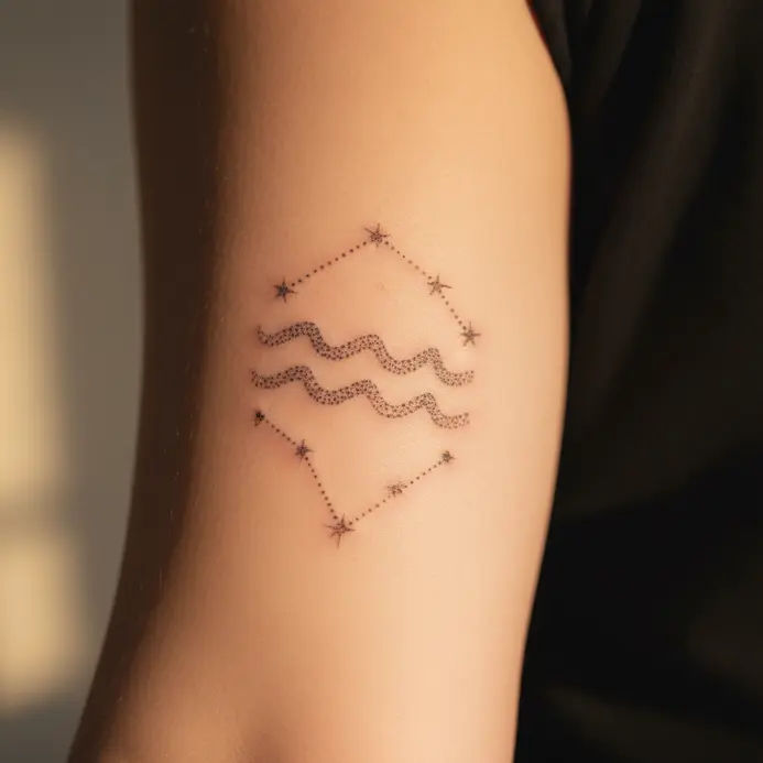 A pencil drawing of an Aquarius constellation with wave-like dot scattering and fine connecting lines.