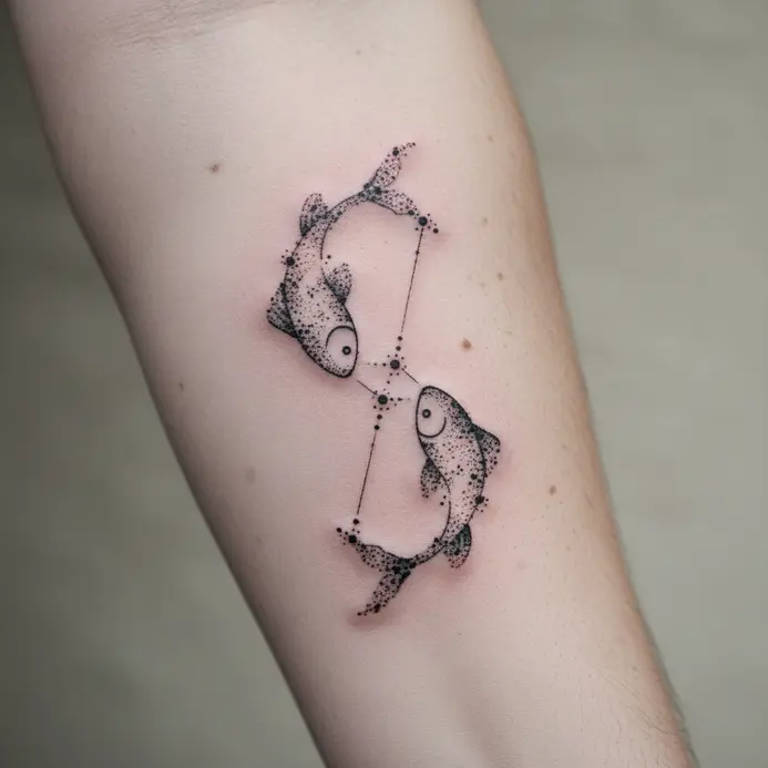 A finished pencil sketch of a Pisces twin fish constellation with delicate line tracking and subtle dot mapping.
