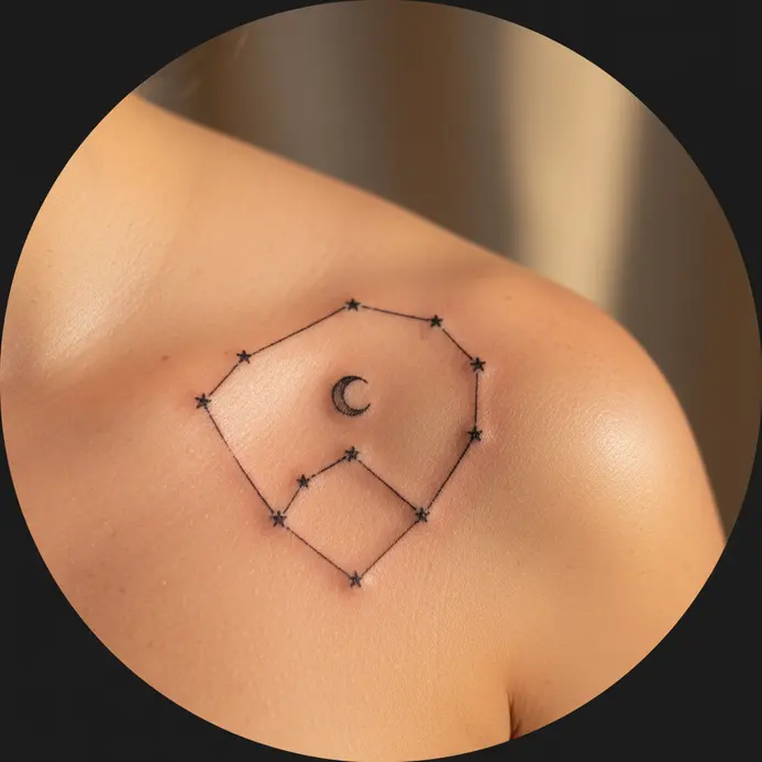 A pencil sketch of a Cancer constellation with a crescent moon, star dots, and softly curved connector lines.