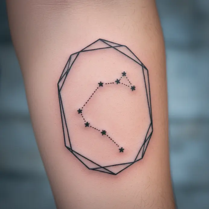 A pencil drawing of a Leo constellation inside a geometric frame with star points and a simple lion-inspired outline.