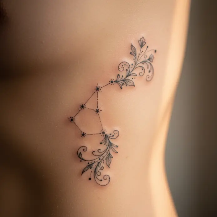 A pencil drawing of a Virgo constellation inside a floral silhouette with star points and clean outer lines.