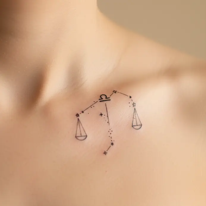 A pencil sketch of a Libra constellation with balance scale shapes, light stars, and airy linework on white paper.