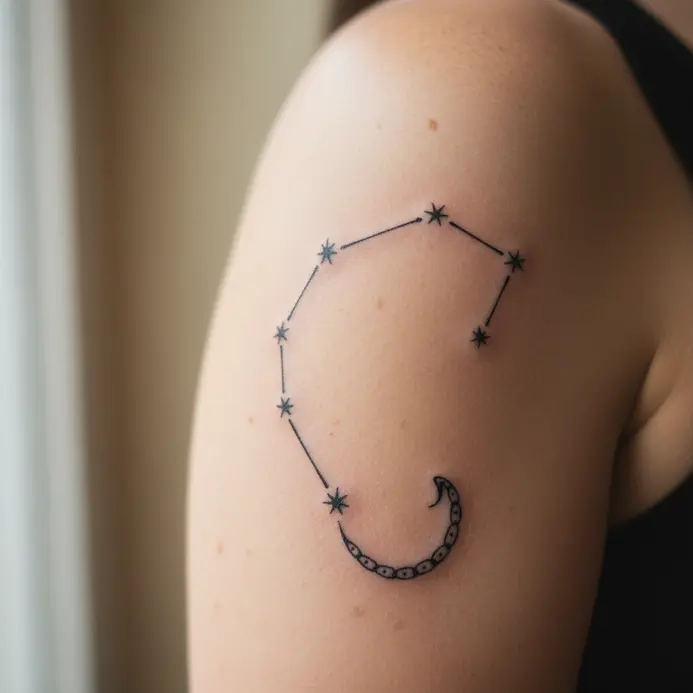 A pencil sketch of a scorpion constellation tail with a sharp stinger shape and small star dots.