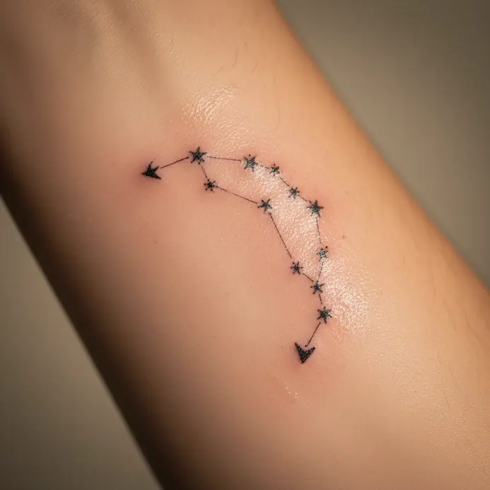 A pencil sketch of a Sagittarius constellation shaped around an arched arrow with spaced stars and thin lines.
