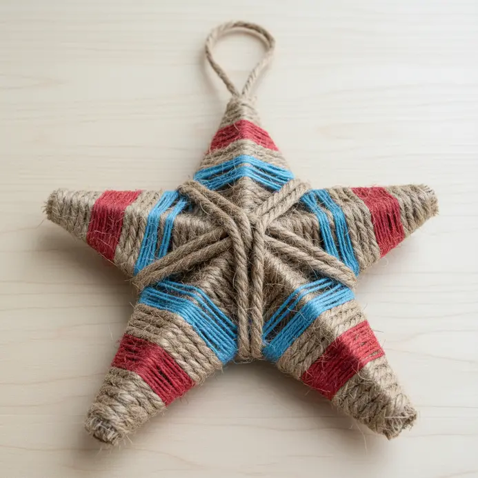 A five-pointed star wall hanging crafted from woven natural jute rope.