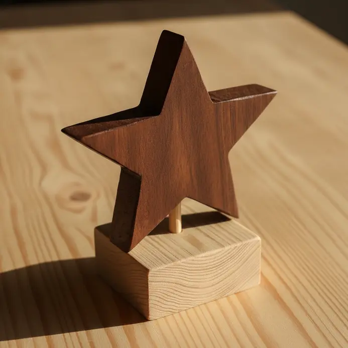 A wooden cut-out star mounted on a stained wood block pedestal for display.