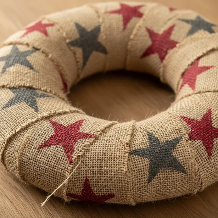 A rustic door wreath made from burlap fabric featuring printed star designs.