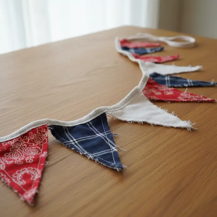 A festive garland made from assorted red, white, and blue fabric scraps cut into triangles.
