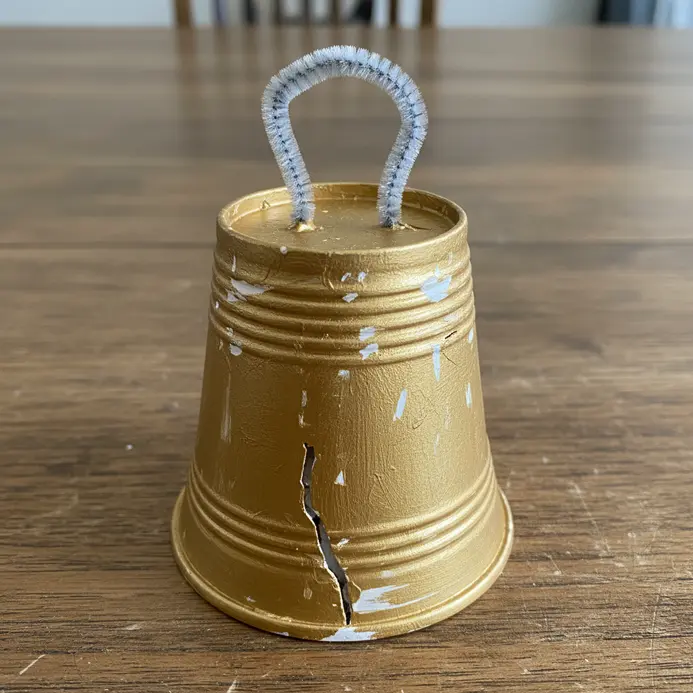 A paper cup painted gold with a pipe cleaner handle to resemble the Liberty Bell.