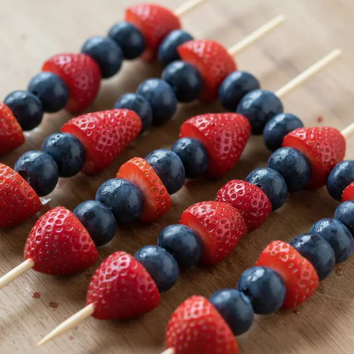 Wooden skewers with alternating blueberries and strawberries to create a red and blue pattern.