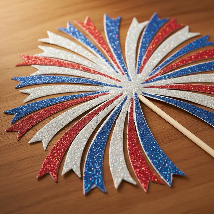 A child holds a glittery red, white, and blue firework wand made from folded cardstock.