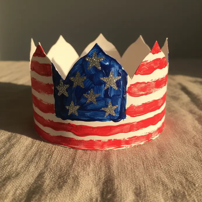 A paper plate crown painted with red and white stripes and a blue starry section.