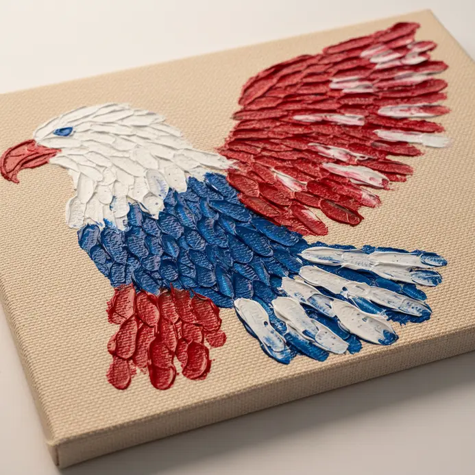 A child's handprints painted blue and red to create the shape of an eagle on a white canvas.